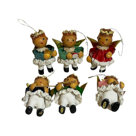 Vintage Paper Mache Angel Musicians Choir Christmas Ornaments 4" Hand Made - Picture 1 of 8